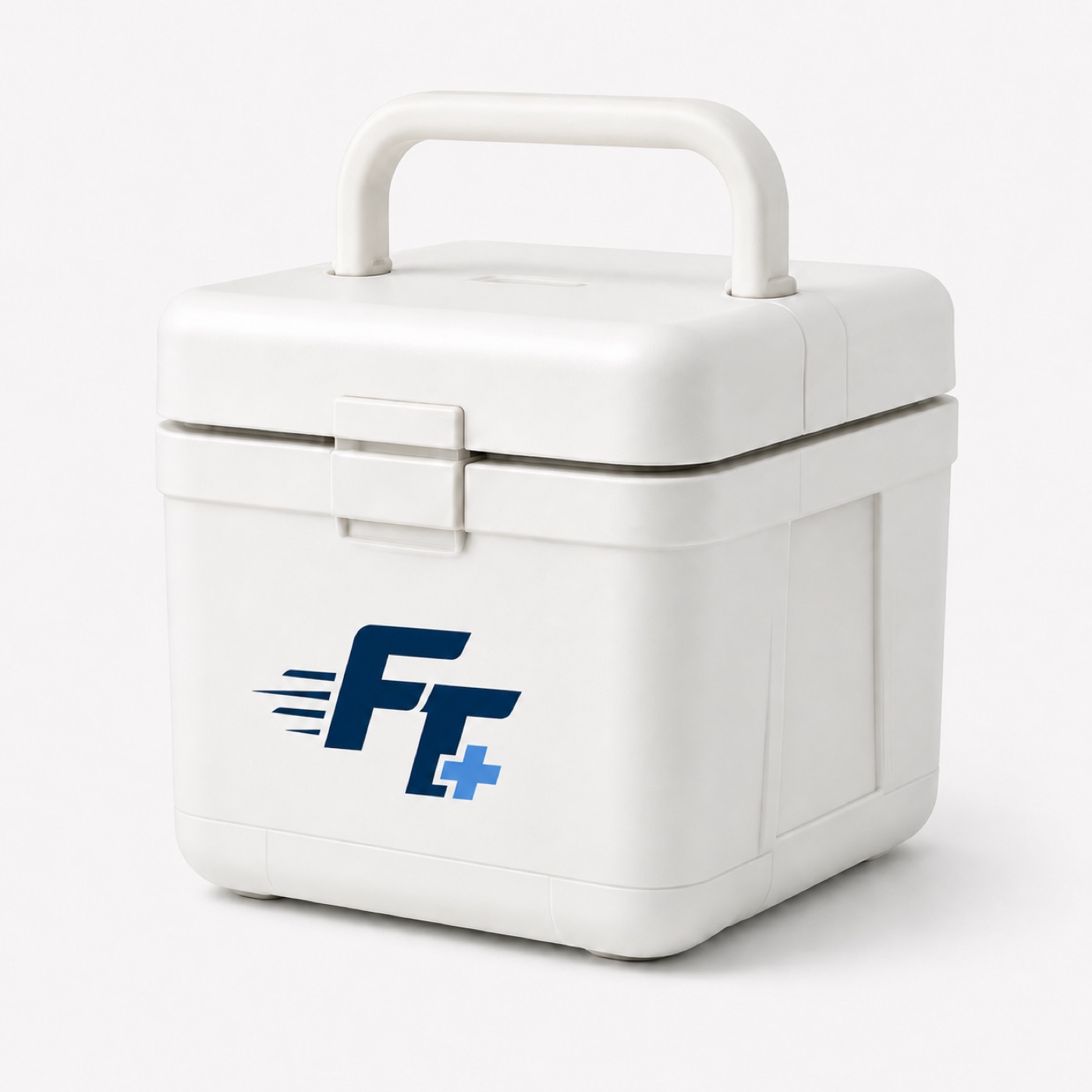 A Fast Track Express validated transport cooler: white, latched, with a moulded carry handle and the FT mark on the front.