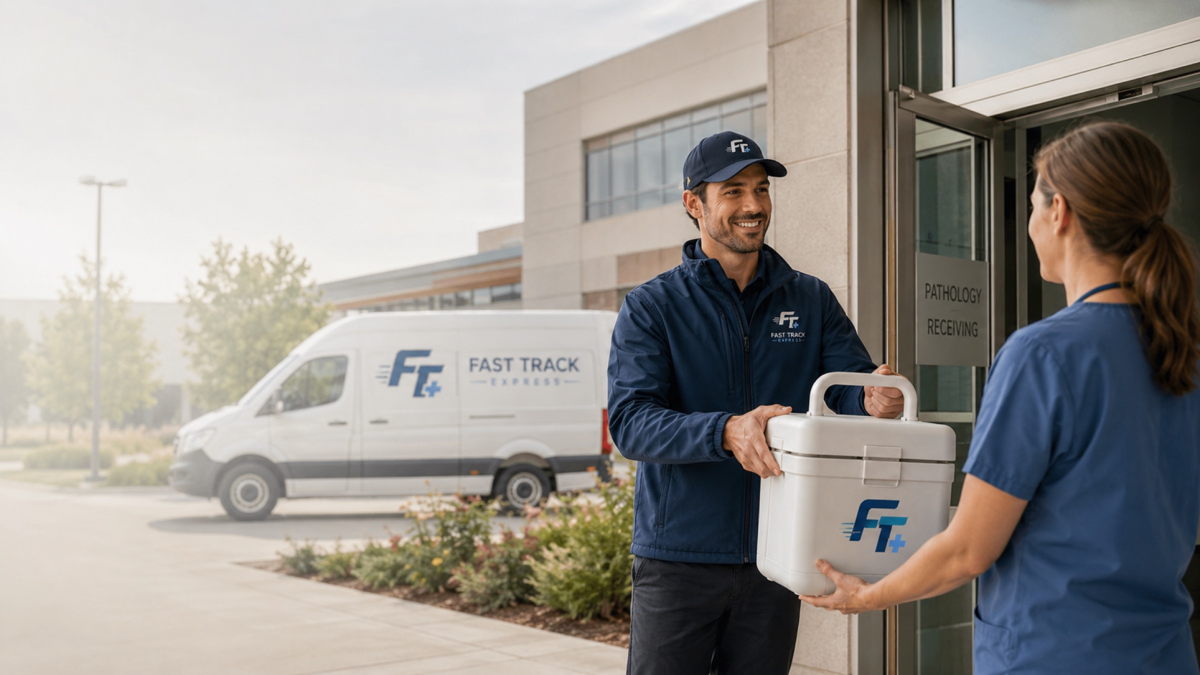 A Fast Track Express courier hands a sealed transport cooler to a lab technician at a pathology receiving door, the branded van parked behind.