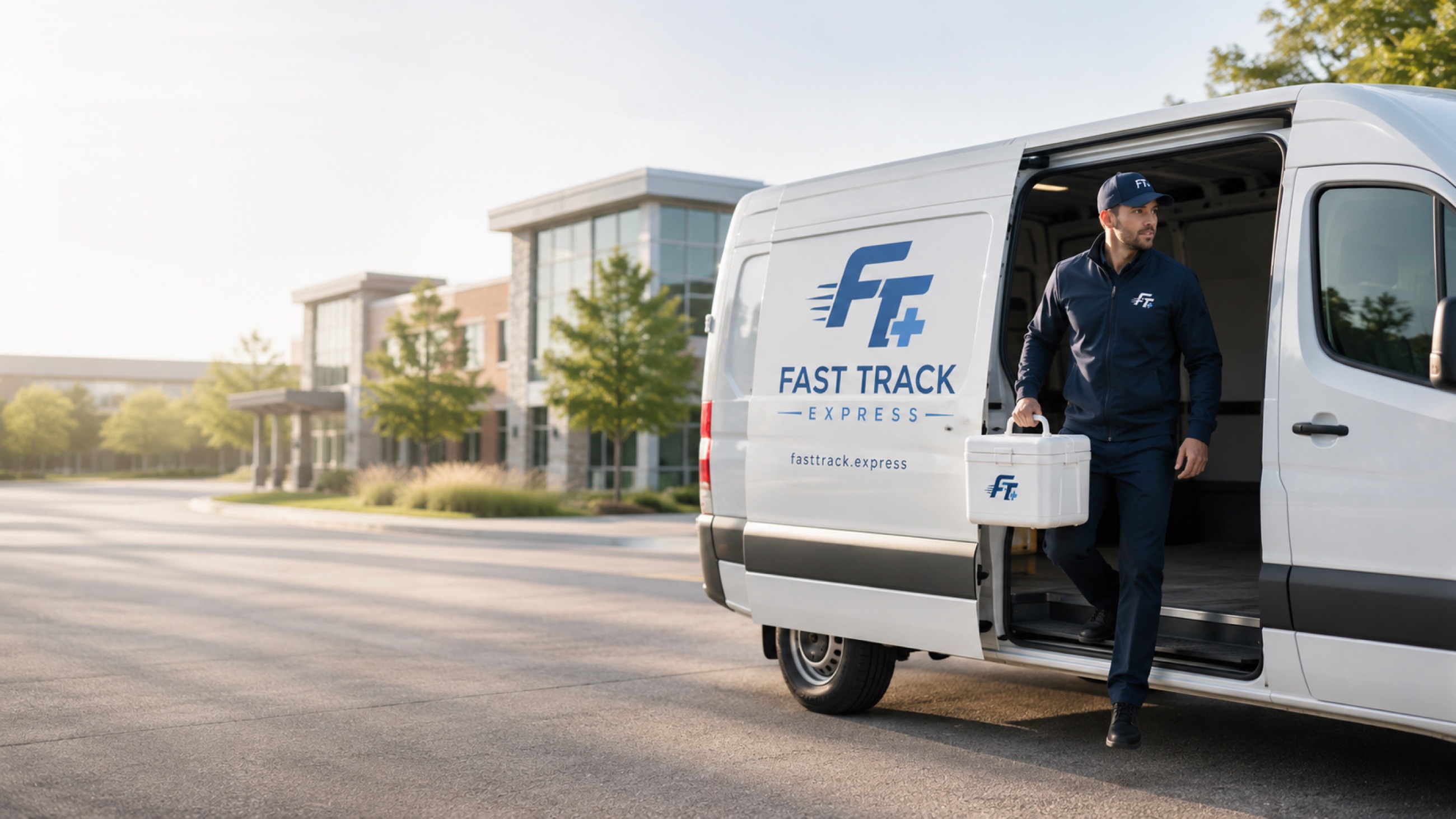 A Fast Track Express courier steps out of a branded white van at a medical office park in morning light, carrying a sealed transport cooler.
