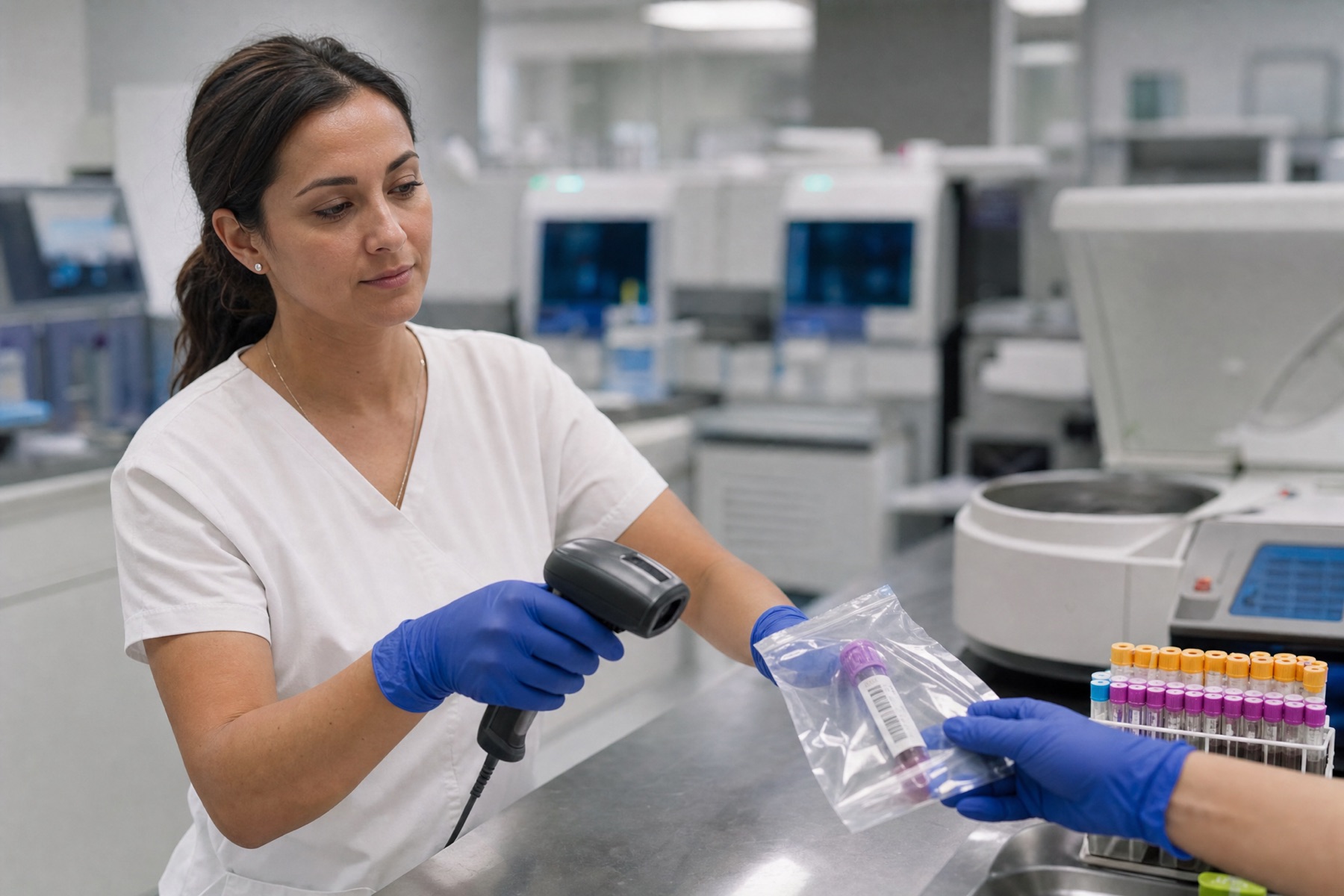 A laboratory technician in gloves scans the barcode on a sealed specimen bag at a stainless steel bench, analysers behind her.